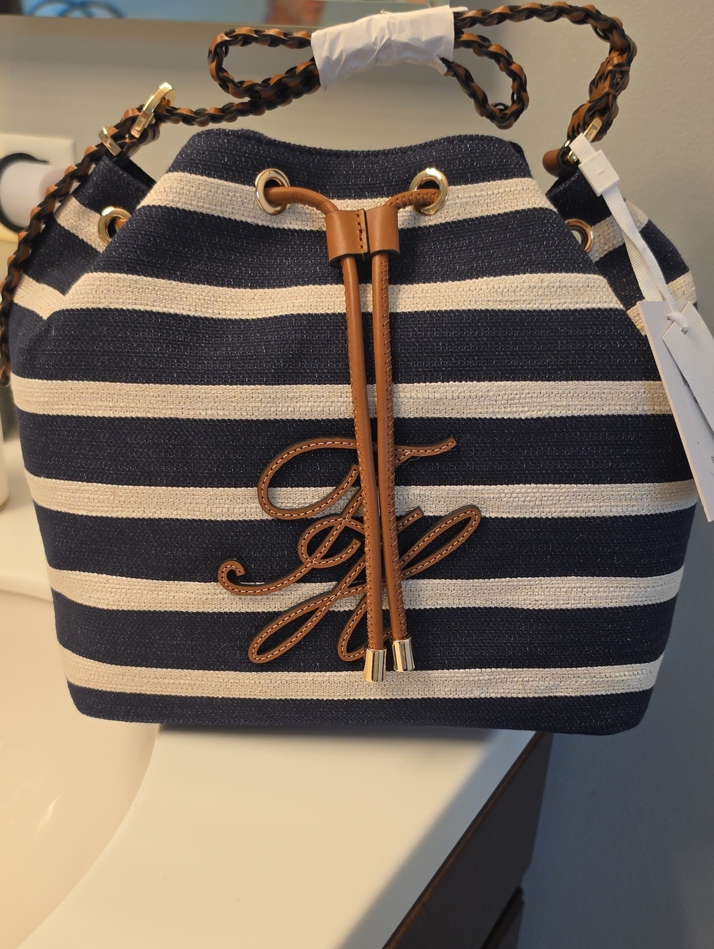 Tommy Hilfiger Navy & White Striped Drawstring Satchel with Tan Trim